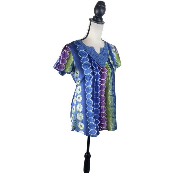 Short Sleeve Tie Dye Floral Multicolor Tie Back Tunic Top Artsy Size Small - Picture 4 of 7